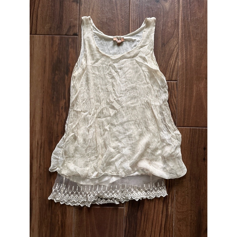 Carla Conti Italy Cream 100% Silk Lace Trim Layered Sleeveless Top Tank Medium‎